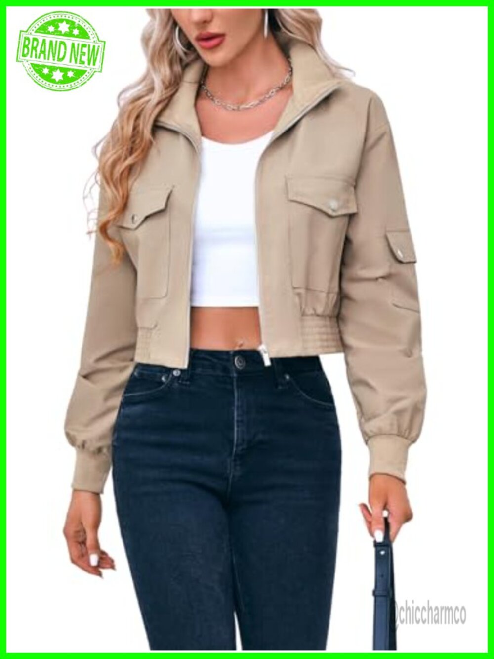 Women's Lightweight Cropped Bomber Jacket Zip Up Utility Coat Fitted Casual